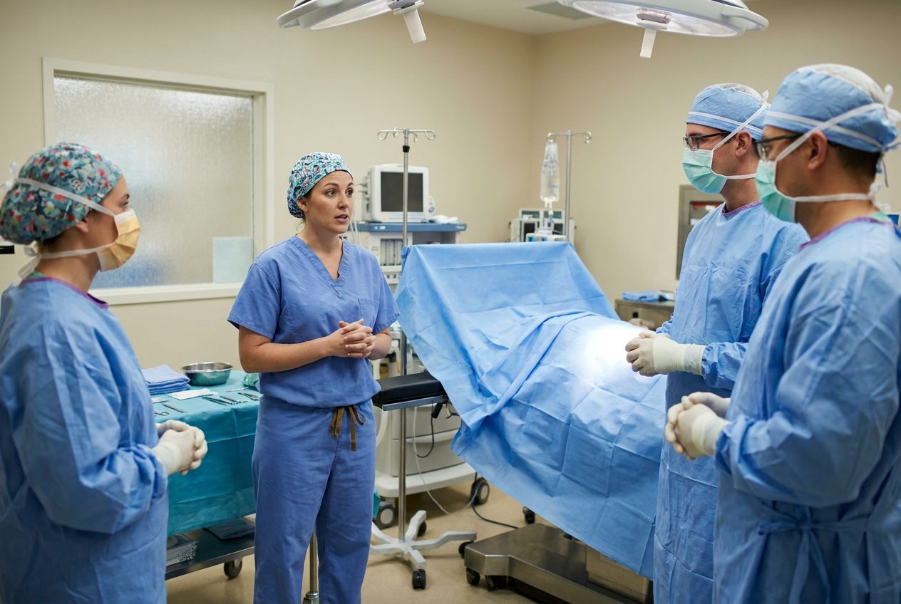 A nurse in scrubs speaks to gowned and masked colleagues gathered around a draped operating table. Everyone faces the nurse with hands still and instruments untouched.