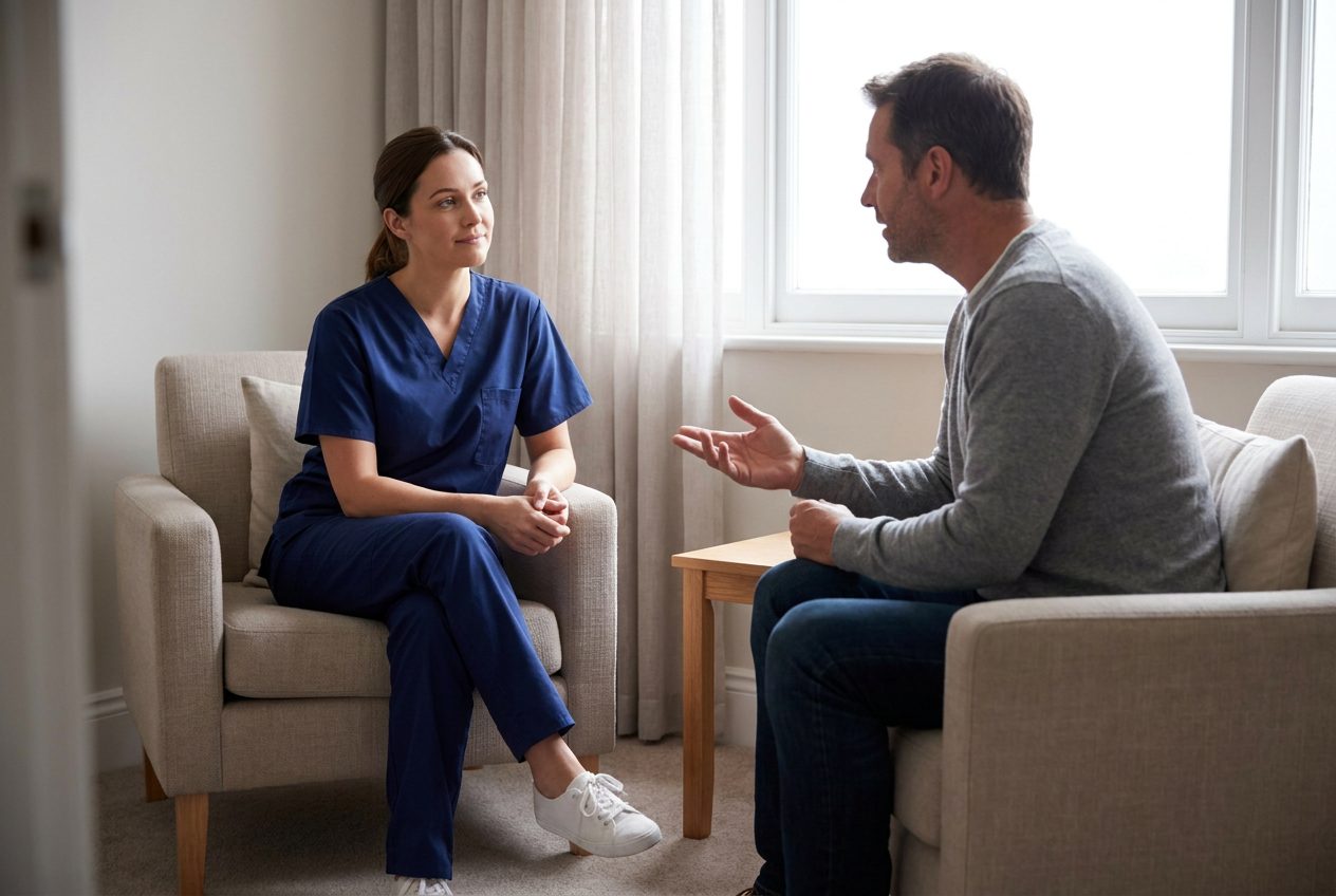 A nurse and an adult sit in angled chairs with open space between them. The patient is speaking while the nurse listens with relaxed hands and looks slightly aside.