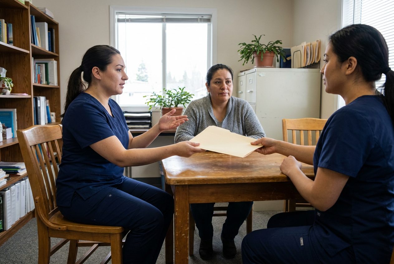 A nurse seated beside an adult passes a closed folder to another nurse across a table in a small office. The adult watches the exchange.
