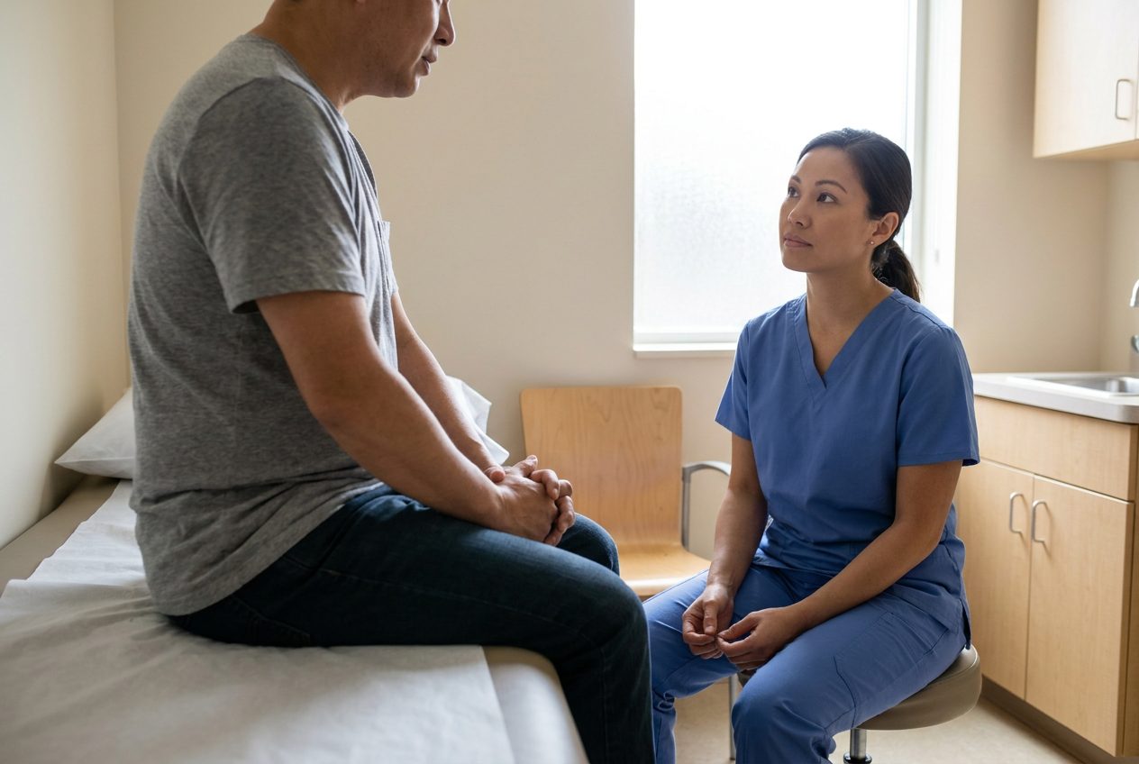 A nurse in blue scrubs watches an upright patient's chest while listening. The patient leans slightly forward on an examination bed with both hands resting on their thighs.
