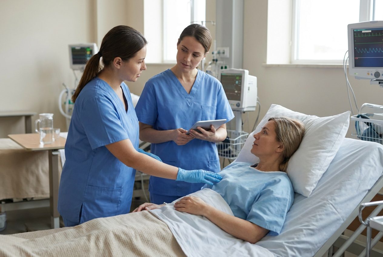A gloved nurse rests a hand on an awake adult patient's covered arm in a hospital bed while a second nurse holding a tablet stands beside her and watches.