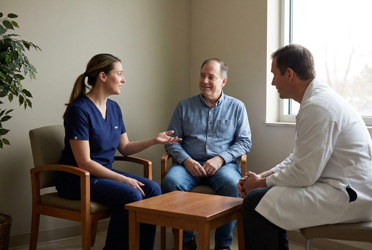 A seated adult talks with a nurse in scrubs and a clinician in a white coat. The nurse gestures toward the patient while the clinician listens.