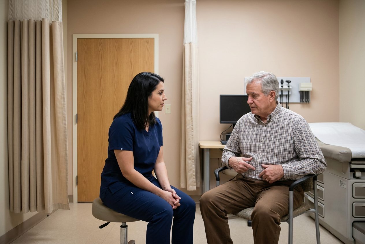 A nurse sits facing an older adult who gestures toward their lower abdomen. A closed door and drawn curtain surround the two people in the examination room.