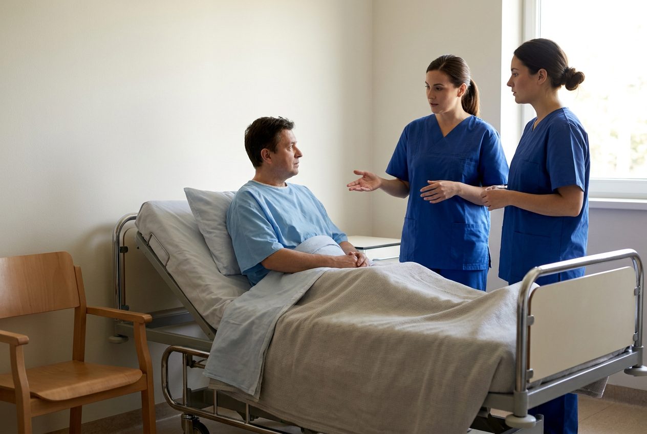 Two nurses stand beside an adult sitting upright in a hospital bed. One nurse gestures toward the patient while the other listens. A chair sits nearby.