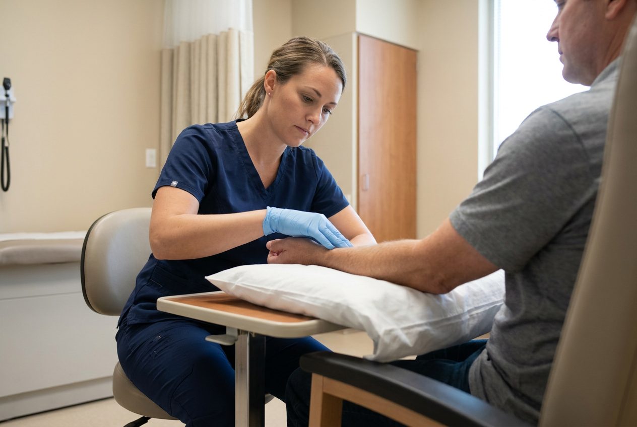 A nurse wearing exam gloves supports a seated adult's forearm on a pillow and examines the intact skin in a clean treatment room.