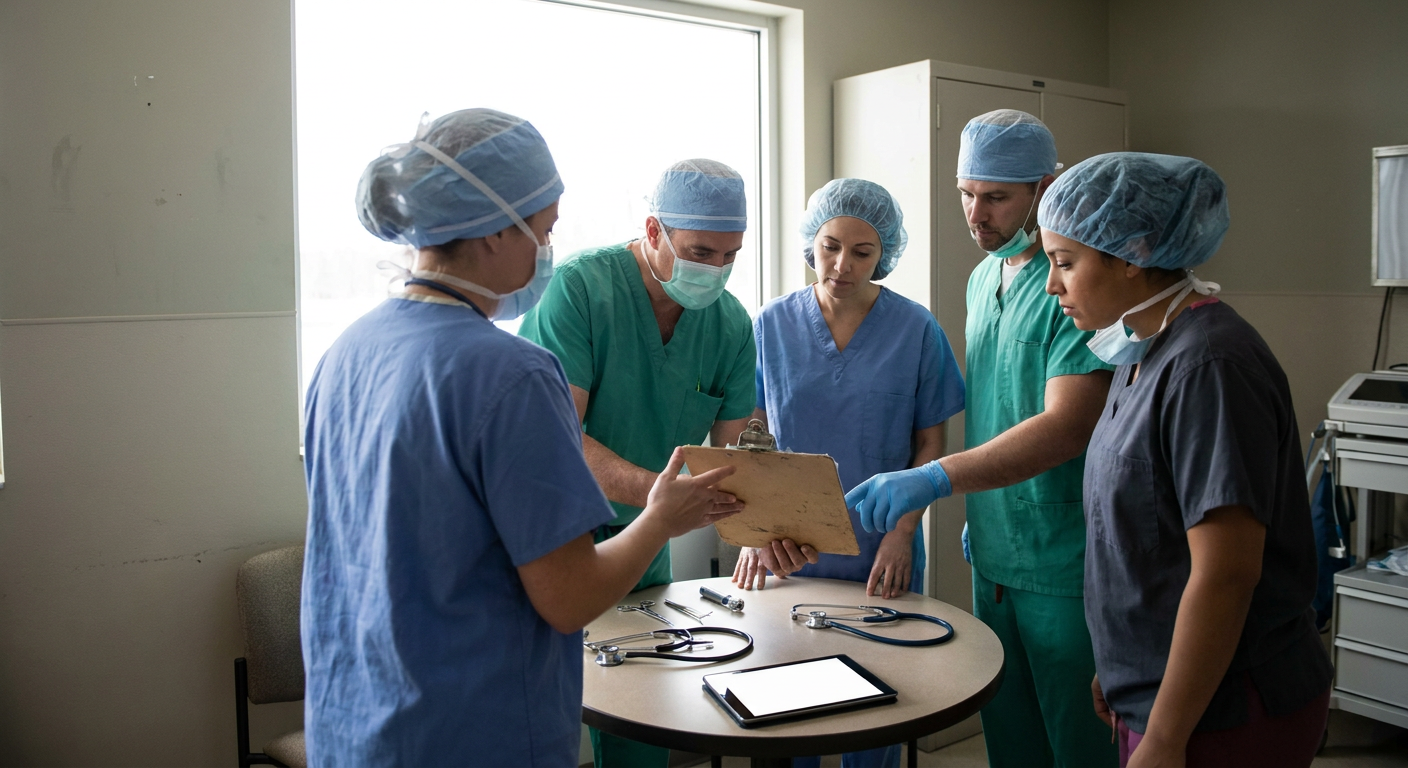A circulating nurse leads an interdisciplinary presurgical huddle with surgical, anesthesia, scrub, and recovery team members reviewing a de-identified case plan in a private perioperative area.