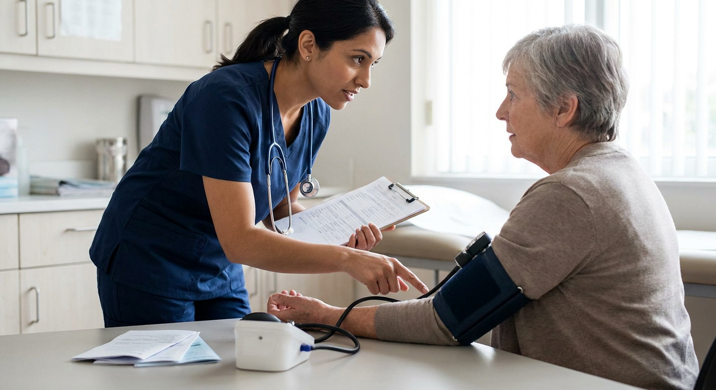 A registered nurse measures blood pressure on the arm without dialysis access while reviewing kidney function results with an adult patient in a clinical setting.