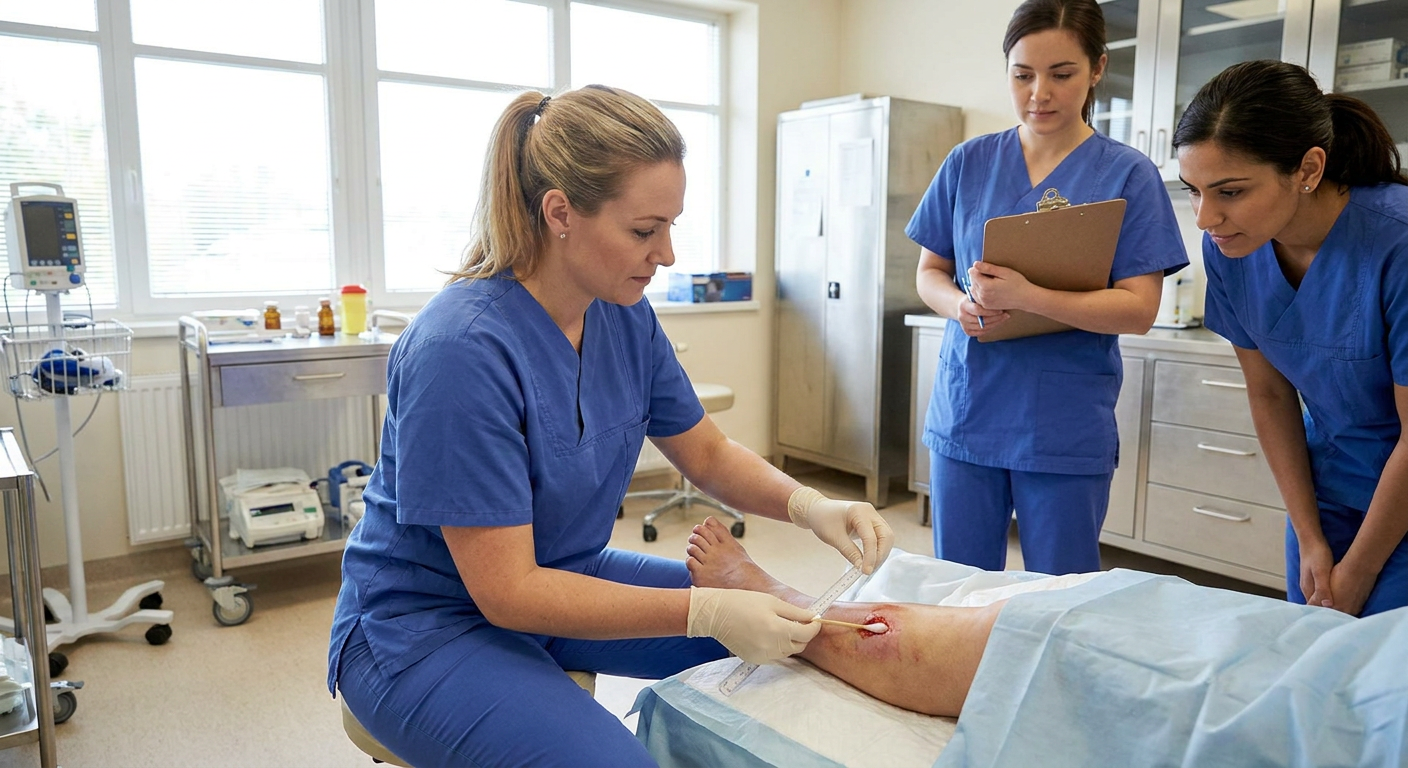 Registered nurse wearing gloves performs a structured assessment and measurement of a lower-leg wound in a well-lit clinical setting while protecting patient privacy.