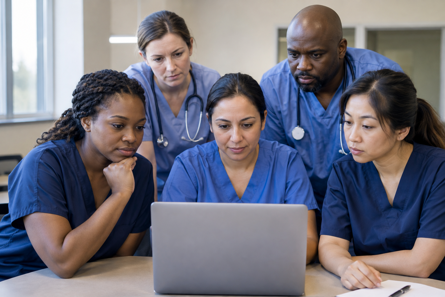 Diverse nurses completing online human trafficking awareness training in a clinical education room
