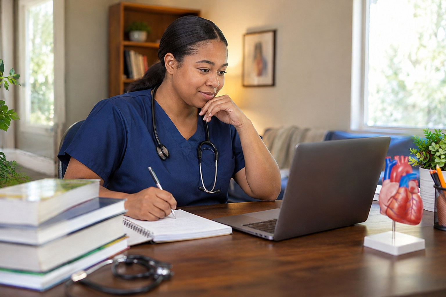 Licensed practical nurse completing an online continuing education course on a laptop