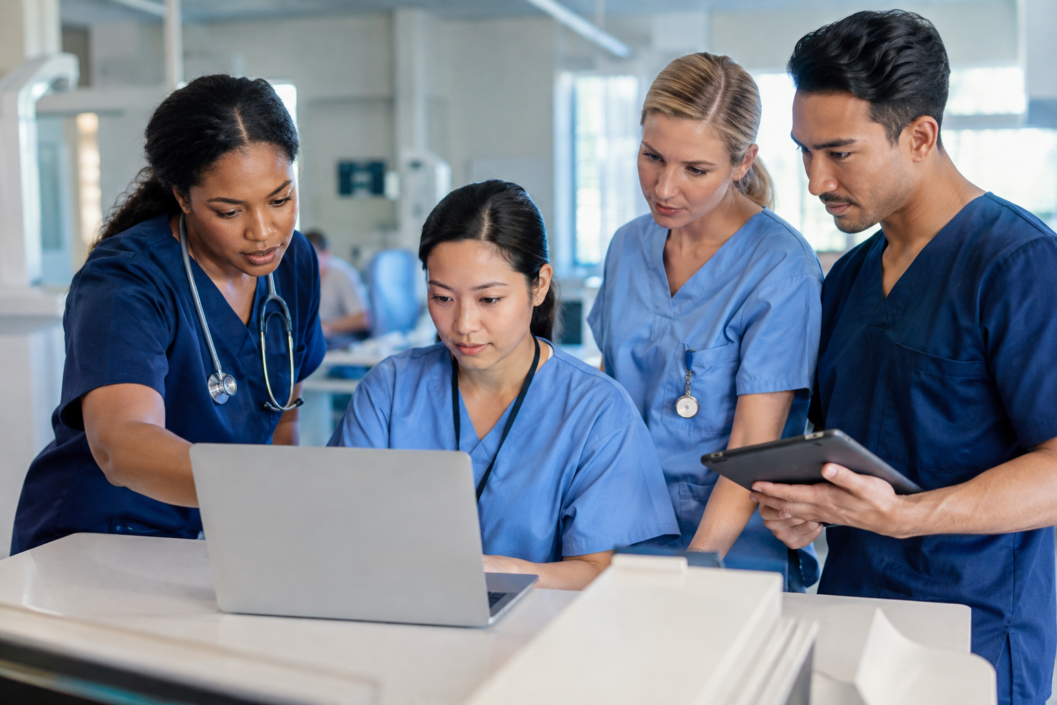 Diverse nurses completing online continuing education at a hospital workstation
