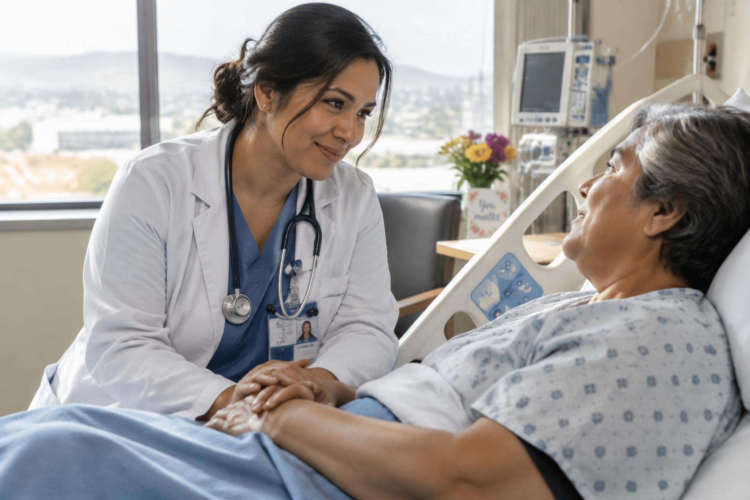 A Hispanic woman in a white coat holding an older patient's hand at the bedside