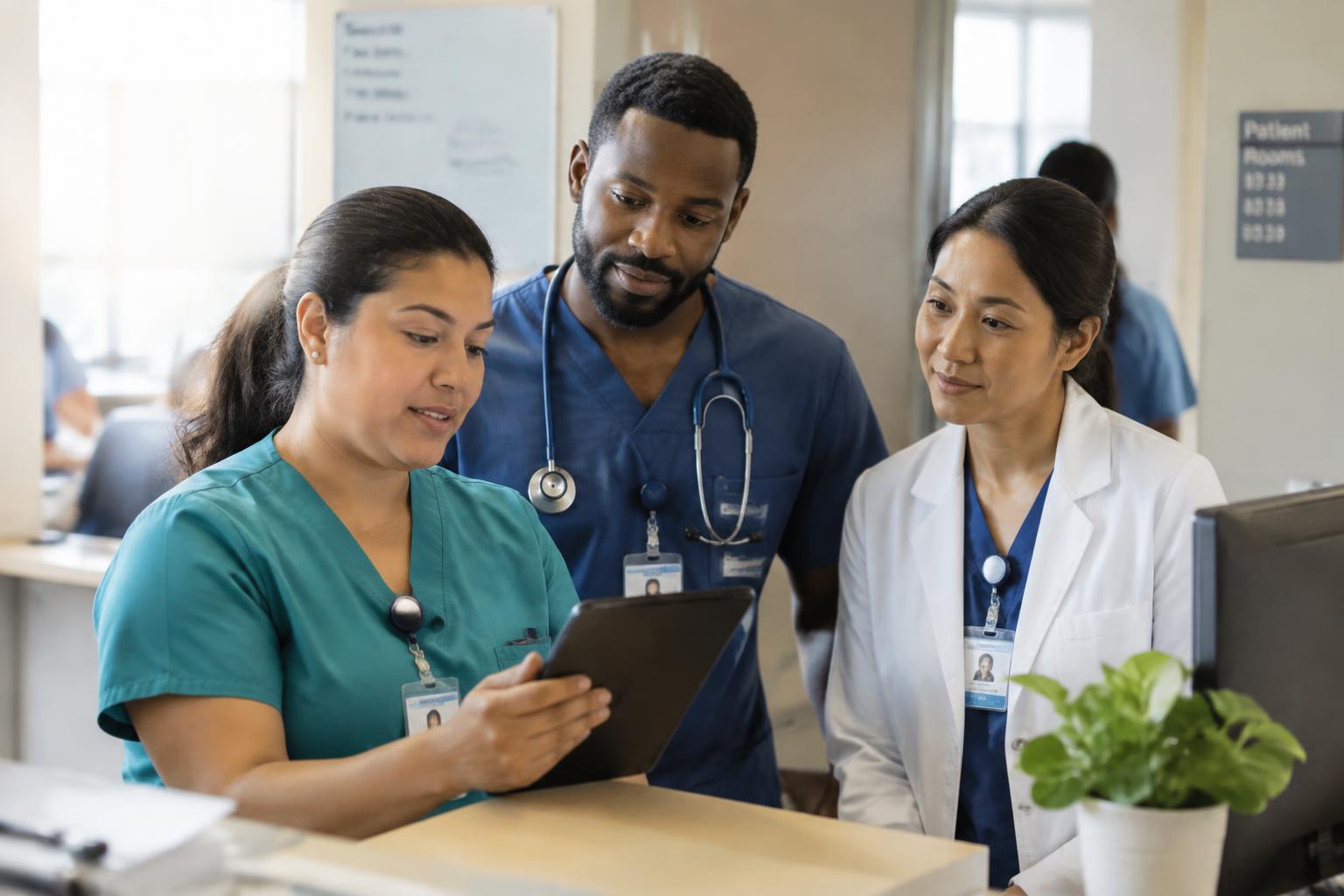 A Hispanic woman nurse shows a tablet to a Black male nurse and an Asian woman in a white coat at a nurses station