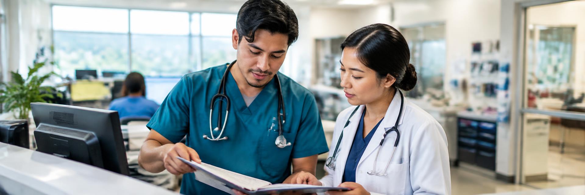 A Hispanic male nurse in teal scrubs and an Asian woman in a white coat reviewing a chart at a nurses station