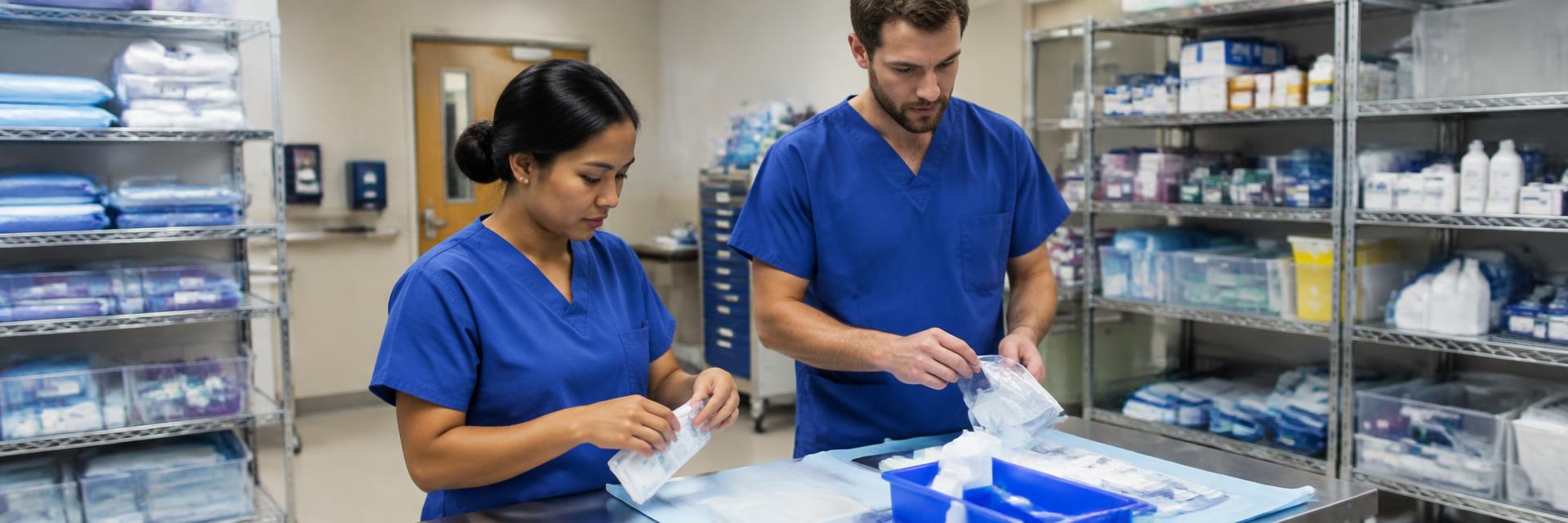 A Filipina woman nurse and a male nurse in blue scrubs preparing supplies in a hospital supply room