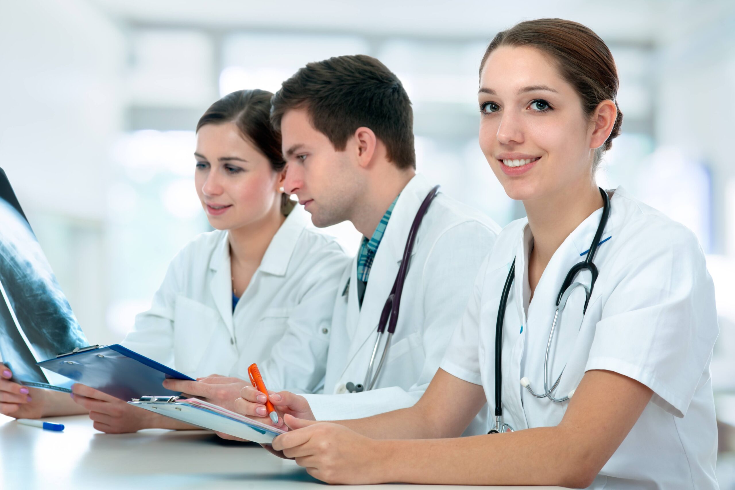 Group of medical students studying in classroom
